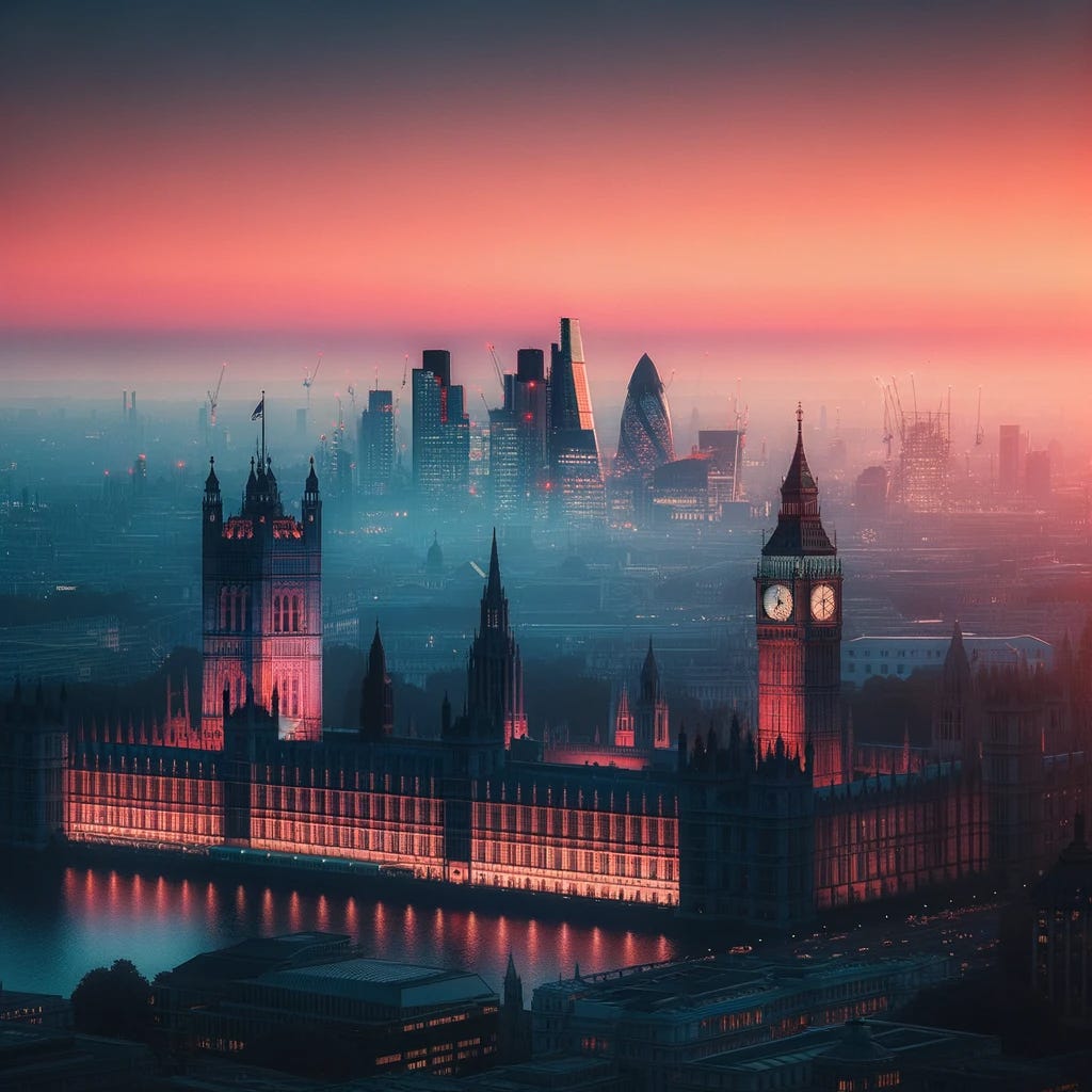 AI generated image of the Houses of Parliament and the London skyline