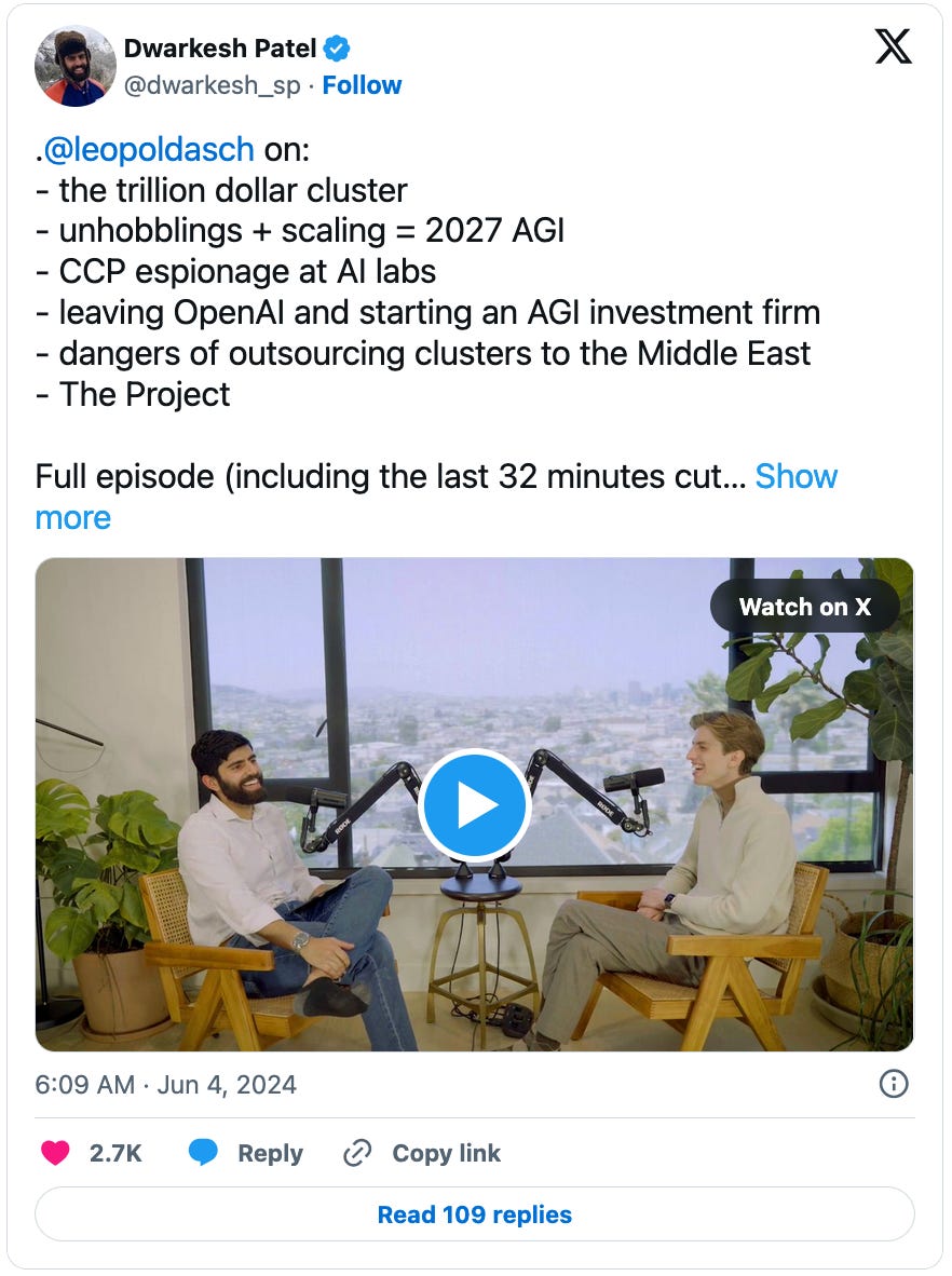 June 4, 2024 tweet by Dwarkesh patel reading, ".@leopoldasch  on:  - the trillion dollar cluster - unhobblings + scaling = 2027 AGI - CCP espionage at AI labs - leaving OpenAI and starting an AGI investment firm - dangers of outsourcing clusters to the Middle East  - The Project  Full episode (including the last 32 minutes cut... show more." Attached is an image of two men speaking into microphones linking to a video.