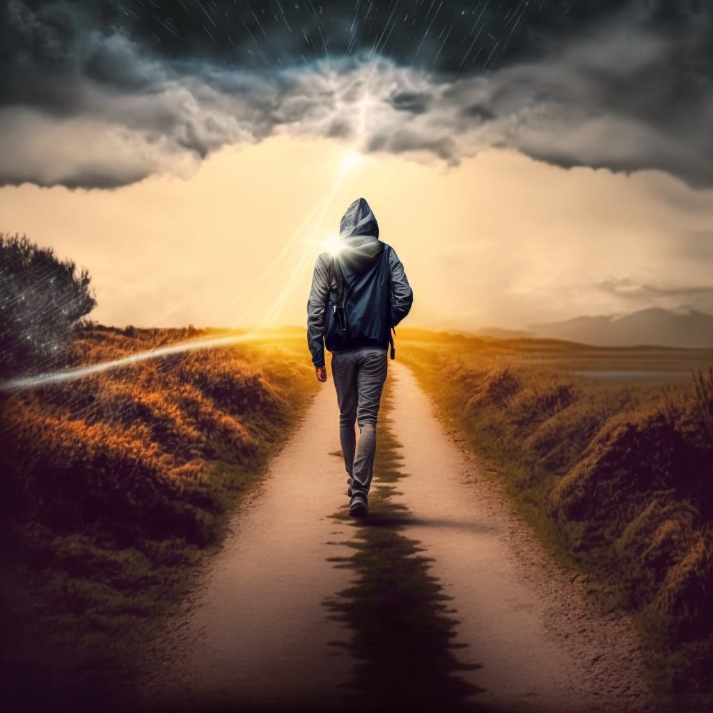 An image of a person hiking or walking on a path, with the destination being a bright and hopeful horizon, using a Canon EOS R5 with flash light, ultra realistic, ultra detailed, 12K, HDR