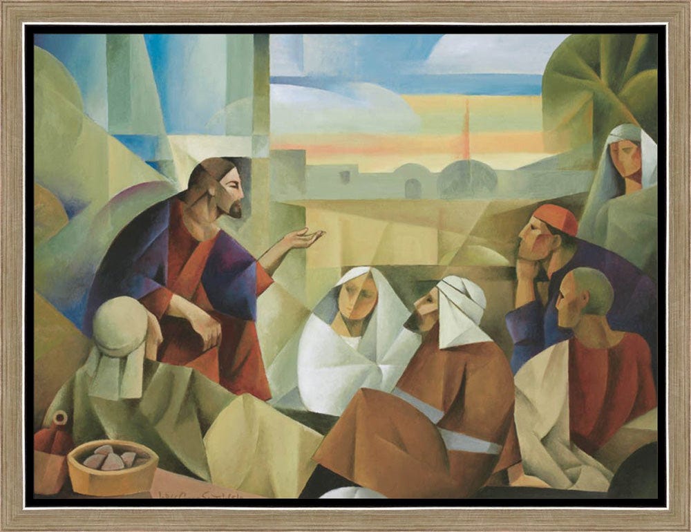 A somewhat abstract, angular painting of Jesus speaking with the crowds against a vague desert background.