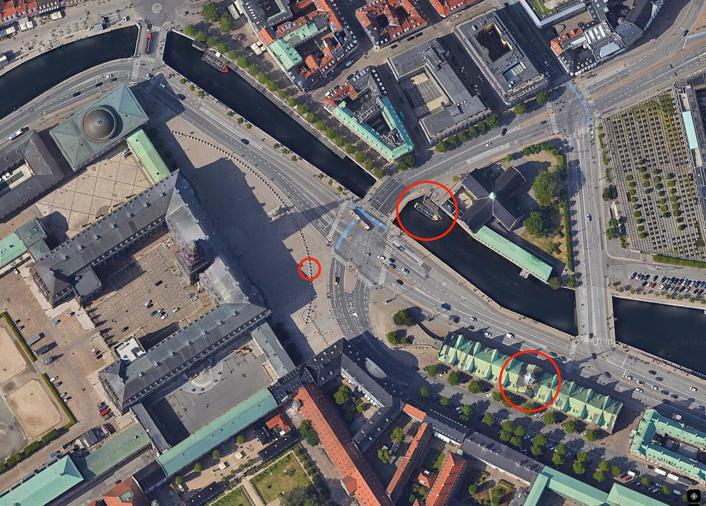 Satellite image of part of the island of Slotsholmen, with red circles highlighting locations mentioned in this article
