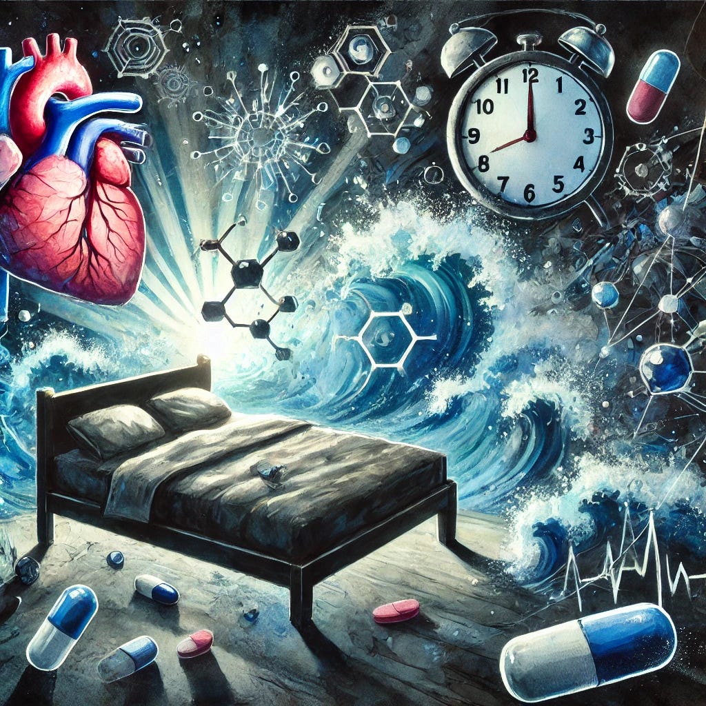 A watercolour painting depicting the theme of insomnia and the war on sleep, with abstract representations of sleep-related elements such as a fractured, restless bed in the center, surrounded by swirling, chaotic waves of blue light, heart shapes symbolizing heart disease, caffeine molecules, and ominous pill bottles. The scene is shadowed with dark hues, giving a sense of unease, while fragmented clock faces and digital screens hover around the bed, emphasizing the disruption of natural sleep patterns. The atmosphere should feel intense and unsettling, capturing the impact of sleep deprivation and modern life's interference with sleep.