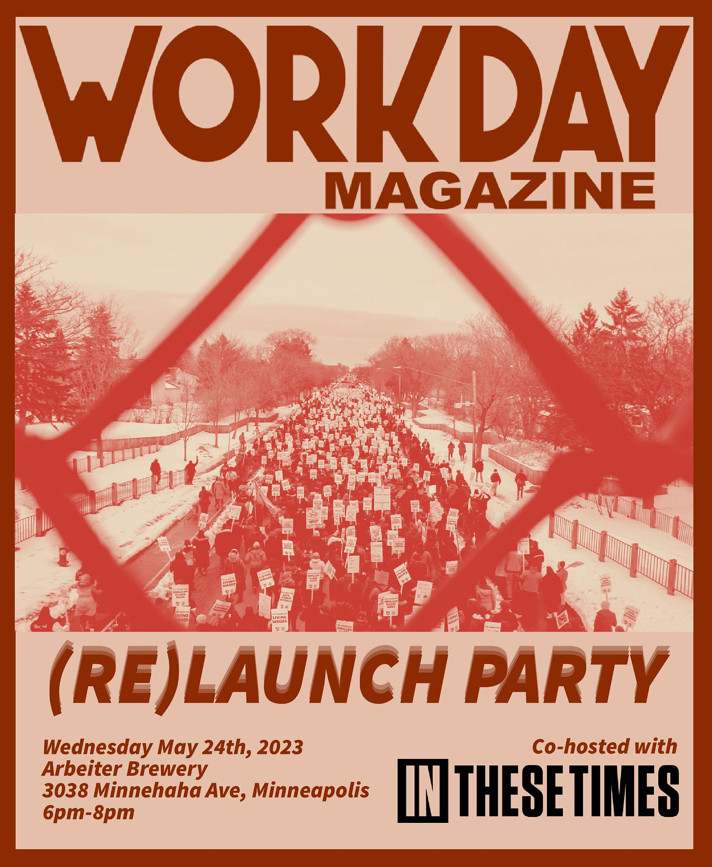 a burnt red and salmon peach graphic shows a party invite with details on location, a photo of a picketing crowd marching through the streets framed by a chain link fence