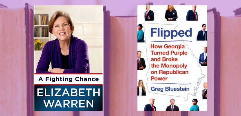 Collage of book covers over a purple tinted background of books: A Fighting Chance by Elizabeth Warren and Flipped by Greg Bluestein