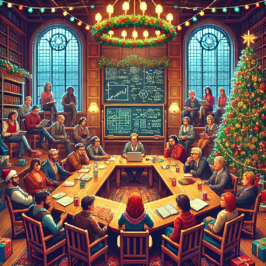 A grand and cozy seminar setting with a group of diverse individuals engaged in intense intellectual discussion, surrounded by a festive Christmas atmosphere. The scene is depicted in vibrant 4K pixel art style, featuring books, notebooks, and a chalkboard filled with complex ideas. The room is decorated with a Christmas tree, string lights, and festive garlands, adding warmth and cheer. The participants are casually dressed, showing a mix of excitement and concentration, as they exchange ideas in this inspiring environment. The overall ambiance reflects both holiday joy and scholarly focus.