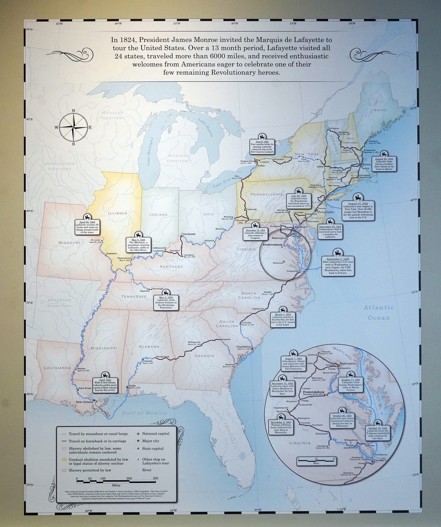 Map of the Marquis de Lafayette's 1824-1825 tour of the United States. Created by Univ. Mary Washington senior Brooke Prevedel and Professor of Geography Steve Hanna.