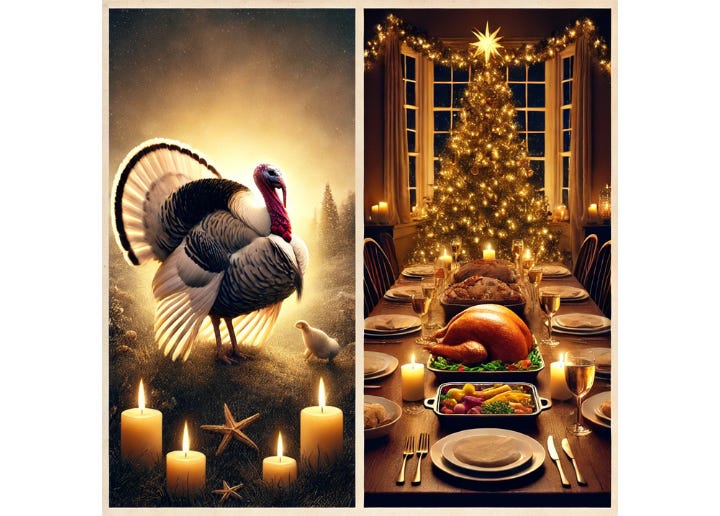 A serene turkey stands in peaceful light, juxtaposed with a festive table featuring a roasted turkey centerpiece. This contrast challenges us to reflect on compassion, peace, and traditions during the holiday season.