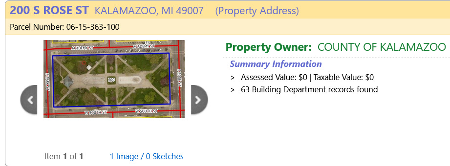 Screenshot of on-line property record for 200 S. Rose St. (parcel 06-15-363-100, "Jail Square and Academy Square"), showing "COUNTY OF KALAMAZOO" as the property owner of Bronson Park.