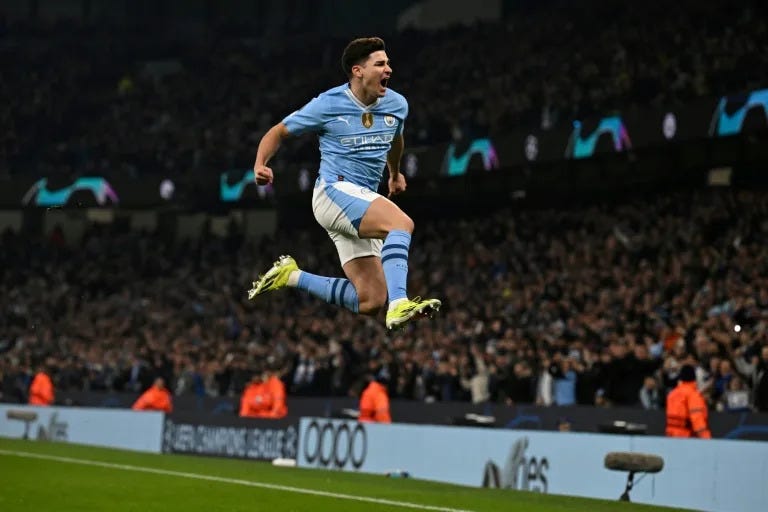 Manchester City's Argentinian striker #19 Julian Alvarez celebrates after scoring their second goal during the UEFA Champions League round of 16, second-leg, football match between Manchester City and FC Copenhagen at the Etihad Stadium, in Manchester, north west England, on March 6, 2024. (Paul ELLIS)