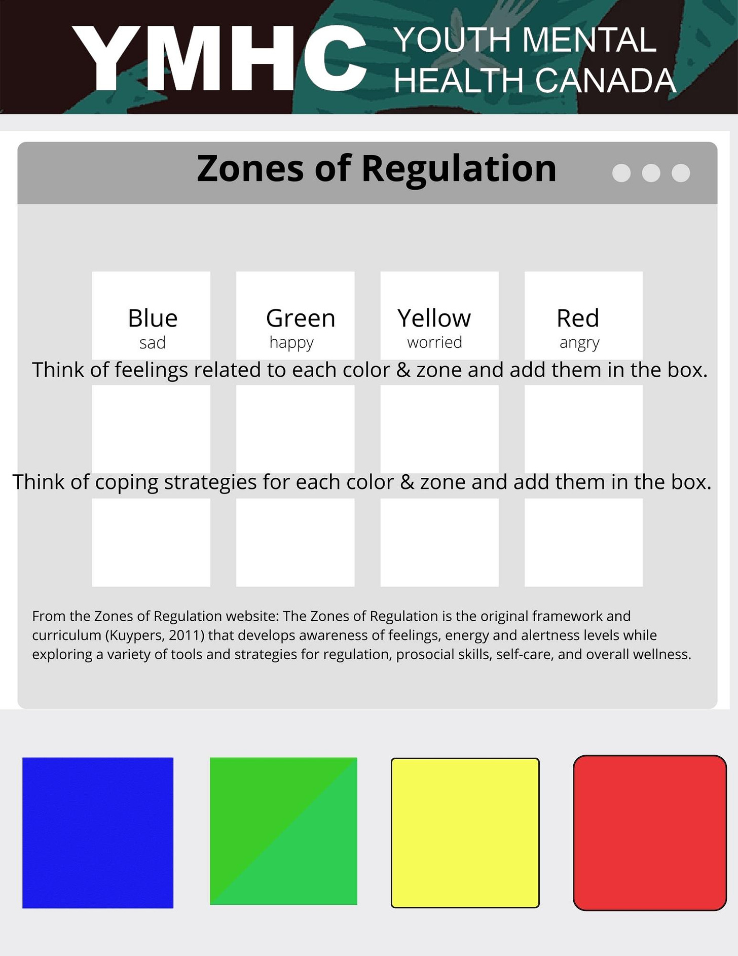 Blue Green Yellow Red sad happy worried angry Think of feelings related to each color & zone and add them in the box. Think of coping strategies for each color & zone and add them in the box. From the Zones of Regulation website: The Zones of Regulation is the original framework and curriculum (Kuypers, 2011) that develops awareness of feelings, energy and alertness levels while exploring a variety of tools and strategies for regulation, prosocial skills, self-care, and overall wellness. 
