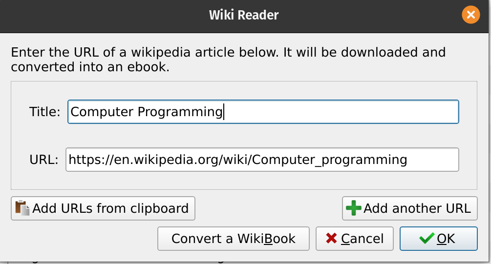Calibre plugin with the computer programming wikipedia page filled out in the url