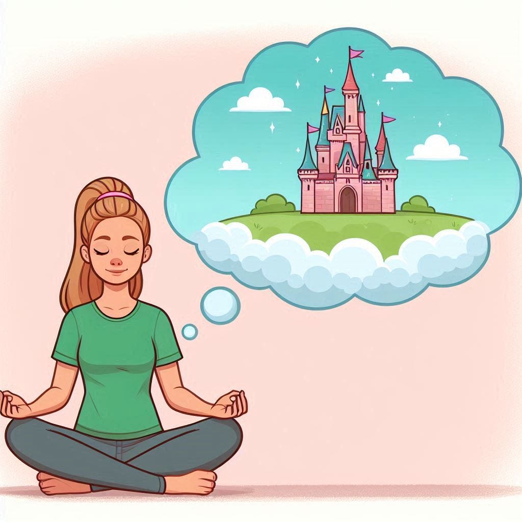 a cartoon of a woman sitting meditating, with a dream castle in a cloud in a thought bubble by their head