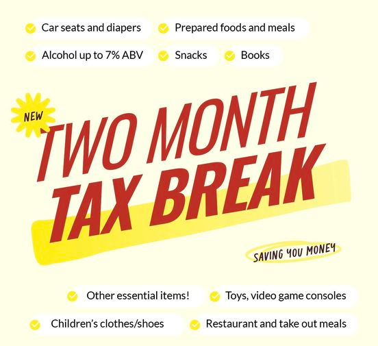 May be a graphic of text that says 'Car seats and diapers Prepared foods and meals Alcohol up to 7% ABV Snacks Books NEW TWO TAX BREAK MONTH SAVING μου Ε4 Other essential Otheressentialitems! items! Children's Children'sclothes/shoes clothes/shoes Toys, video game consoles Restaurant and take out meals'