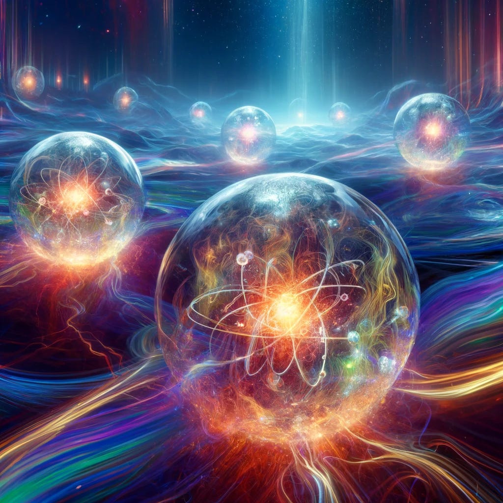 Visualize atoms as spheres containing vibrant, glowing energy in a landscape where streams of radiant energy freely travel through the air. Each atom is depicted as a semi-transparent orb, shimmering with intense, swirling colors inside, representing the enclosed radiation energy. The background shows a surreal, cosmic environment with waves of radiant energy crisscrossing in various colors, giving a sense of dynamic movement and ethereal beauty. This otherworldly scene captures the concept of atoms amidst freely moving radiation, combining elements of fantasy and science.