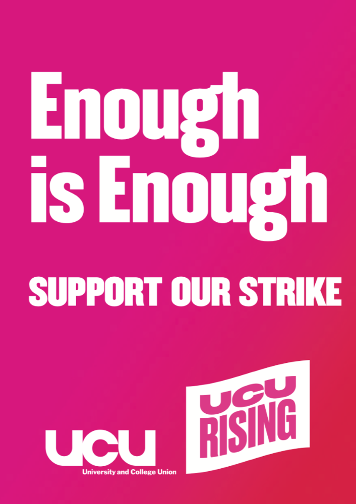 A bright pink poster with "Enough is enough" in white sans serif font. The letters "ucu" are in the bottom left corner.