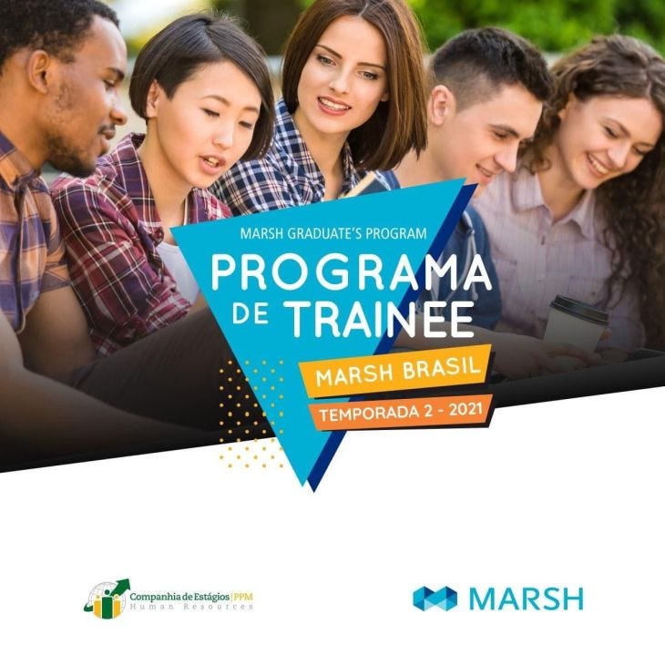 Marsh Graduate’s Program. Programa de Trainee Marsh Brasil - Temporada 2 - 2021. Logos da Cia de Estágios e Marsh. Foto de 5 jovens sentados, sendo 2 rapazes e 3 garotas. Um deles é negro e uma delas tem traços asiáticos. Os demais são brancos.