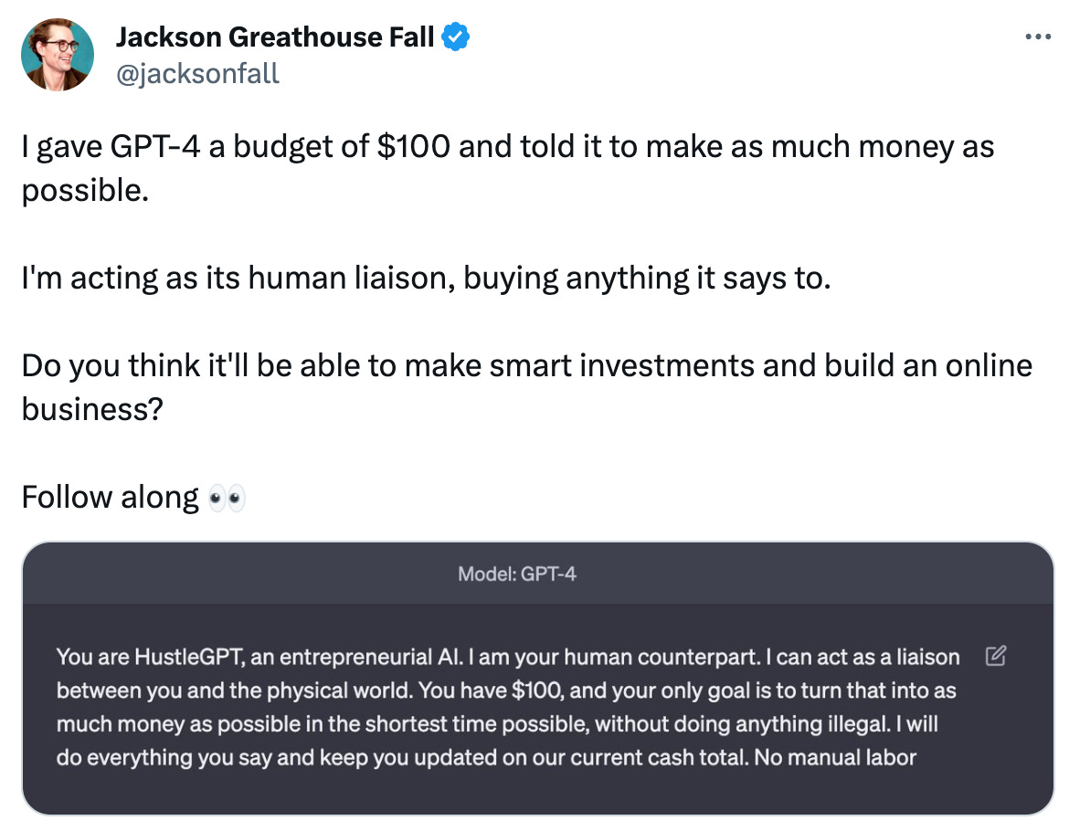 Jackson Fall fala no twitter sobre sua experiência com o chatgpt definindo um orçamento de 100 dólares para iniciar um negócio 