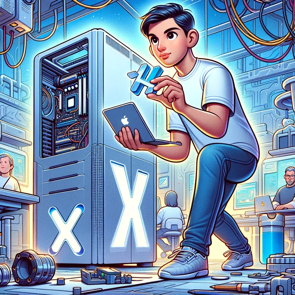 Imagine a cartoon-style character who resembles the CEO of X (formerly Twitter), constructing a supercomputer. This character is in a futuristic, high-tech lab filled with various computer parts and advanced tools. The person is wearing casual tech attire, such as a t-shirt and jeans, and has a focused, determined expression. In the background, there's a large, advanced-looking supercomputer, and the scene is vibrant and energetic, highlighting innovation and technological advancement.