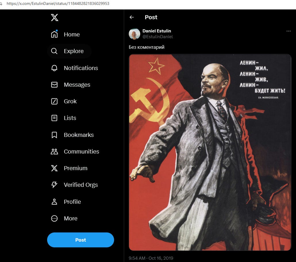 Daniel Estulin posting a Lenin propaganda poster.