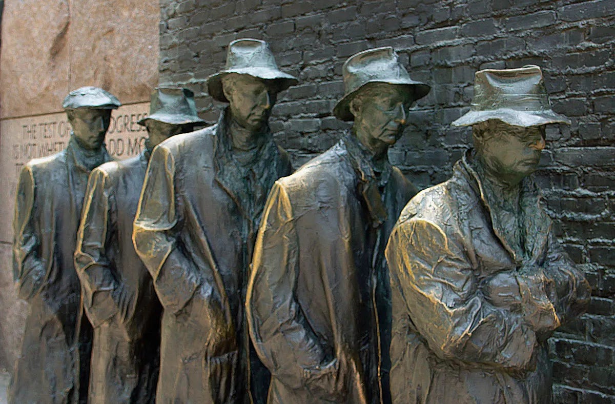 Image of men standing in a breadline from Franklin Delano Roosevelt monument in Washington DC