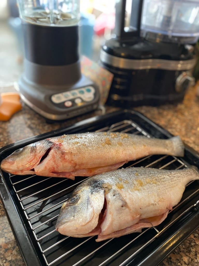 Two fresh fish with a blender in the background