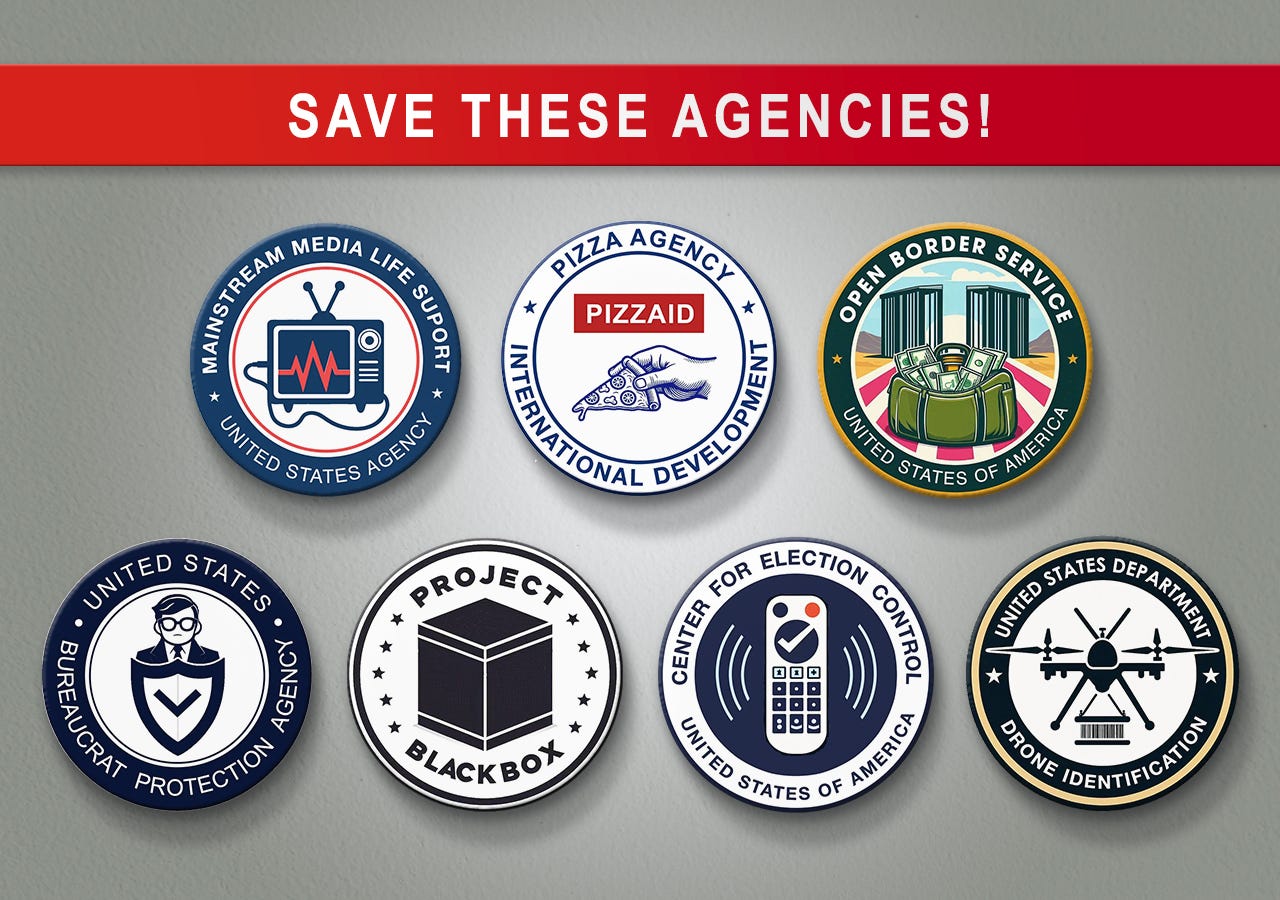 Official seals for 7 hidden government agencies facing shutdown, with red tape “Save These Agencies!" running across the top.