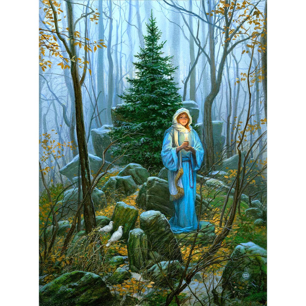 Cupping a candle in her hands, a woman in pale blue robes stands on a rock strewn hill in an autumnal wooded scene. Her cheeks are flush in the glow of the flame. White cloth wraps her head, constraining red hair. The wrap drapes down her side falling with a shawl-like fringe. A Douglas fir rises behind her, an evergreen amid bare skeletal trees with barely any leaves. Golden leaves carpet the forest floor. Two white doves perch on the ground nearby.