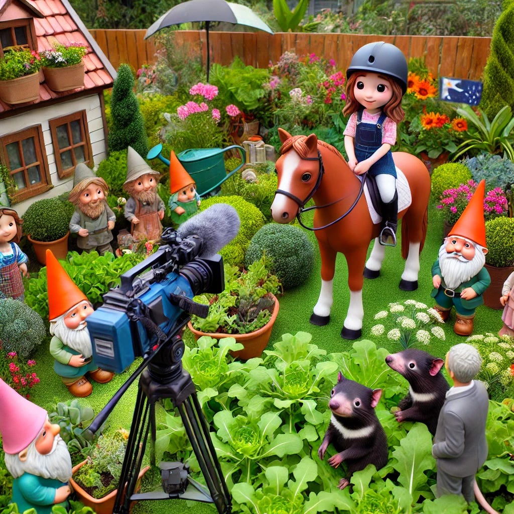 A whimsical garden scene featuring arugula plants, small garden gnomes scattered around, a girl dressed in equestrian attire with a friendly horse by her side, a camera crew filming in a reality TV style, and a pair of Tasmanian devils curiously peeking out from behind bushes. The setting is colorful and vibrant with a mix of fantasy and reality, showcasing elements of nature and quirky characters, all gathered in a lively backyard garden.