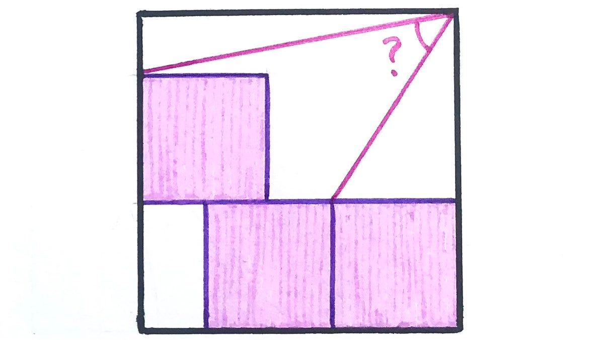 A large square is shown. Along the bottom and flush right are two congruent purple squares. A third square is stacked on top, but flush left with the larger square. The angle from the top common vertex of the two bottom squares, to the top right corner of the large square, to the top left corner of the third small square, is labeled. You are asked to find the measure of this angle.