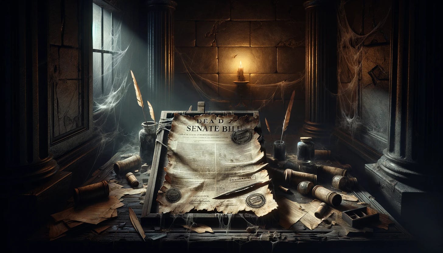 A visually compelling representation of a 'dead' Senate bill, symbolizing legislation that has failed or been abandoned. The scene is a dark, eerie chamber, with the bill lying center on a decrepit wooden desk. The paper itself is torn, crumpled, and aged, with prominent 'REJECTED' stamps and fading ink, surrounded by broken quills and spilled ink pots, symbolizing the demise of the legislation. Shadows loom heavily in the room, with cobwebs and dust covering the surroundings, indicating a long period of neglect. The only light comes from a flickering candle, casting ghostly shadows and highlighting the finality of the bill's fate.