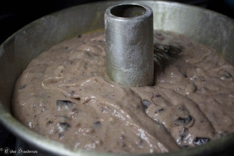 Jam Cake Batter: most unbeautiful. Those are chopped prunes you see lurking. 