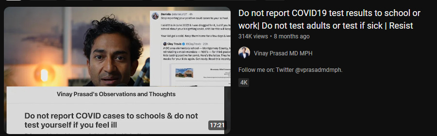 Vinay Prasad Youtube thumbnail: Do not report COVID19 test results to school or work - Do not test adults or test if sick - Resist