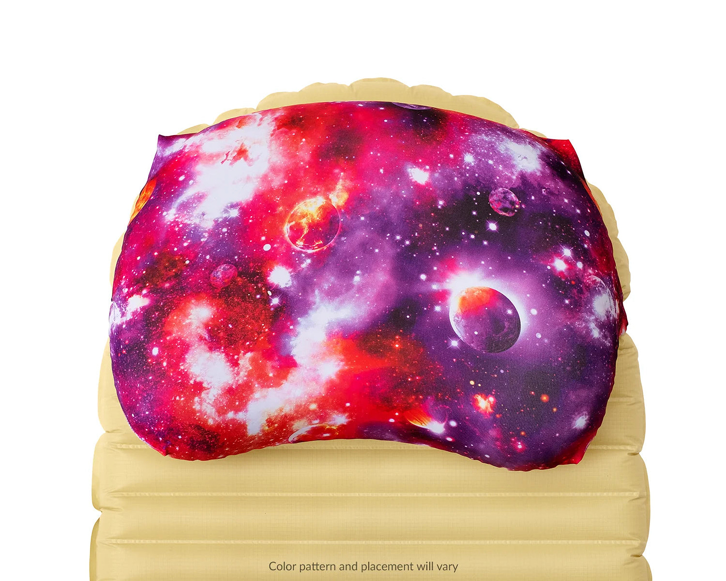 Pillow Strap medium size camping pillow case in galaxy on a sleeping pad. Overhead image.