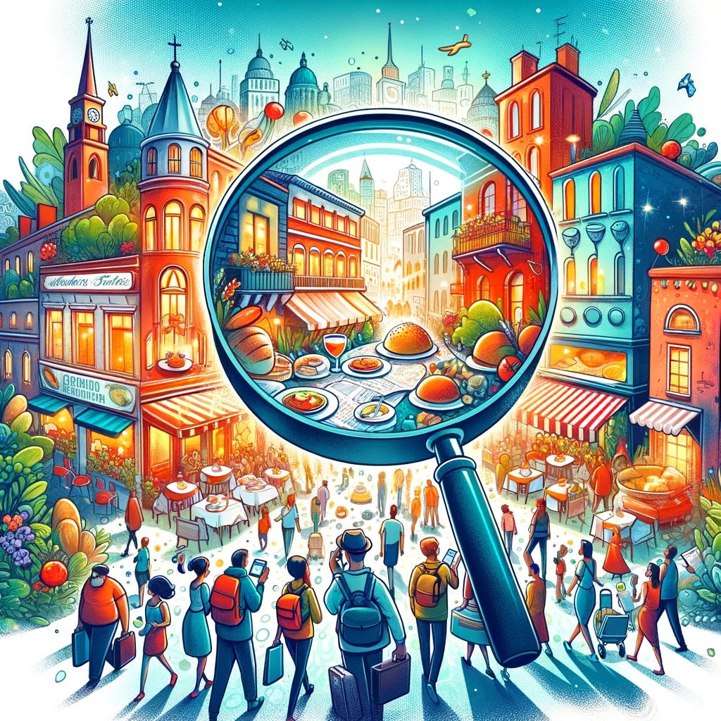 A whimsical illustration capturing the essence of the eternal search for the next great restaurant. The scene is vibrant and bustling, featuring a diverse group of people with maps, smartphones, and guidebooks, wandering through a stylized cityscape filled with a variety of restaurants, bistros, and food stalls. The restaurants should display a range of cuisines from different cultures, with inviting facades and aromas wafting into the streets. Above the city, a giant magnifying glass hovers, symbolizing the quest for culinary discovery, with a trail of sparkles leading to a hidden gem of a restaurant that stands out among the rest.