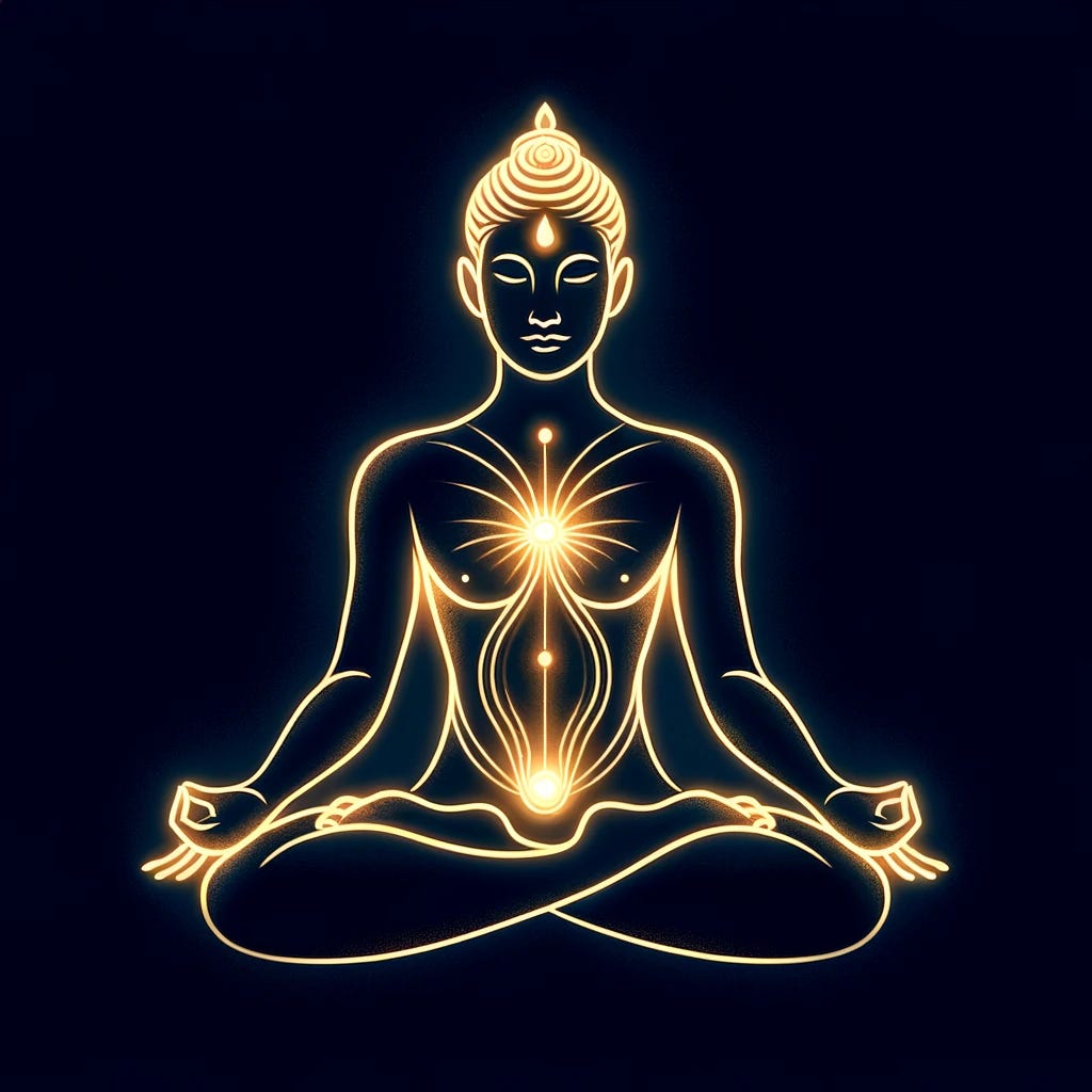 In a simple South Asian artistic style, depict a person seated in the lotus position. The person's forehead, chest, and lower abdomen are illuminated, with an additional source of light in the lower abdomen, symbolizing spiritual and physical alignment. The image should maintain a serene and meditative atmosphere, with a focus on the glowing areas to emphasize the concept of inner harmony and enhanced balance.