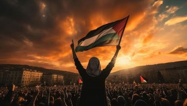 A woman waves a Palestinian flag.