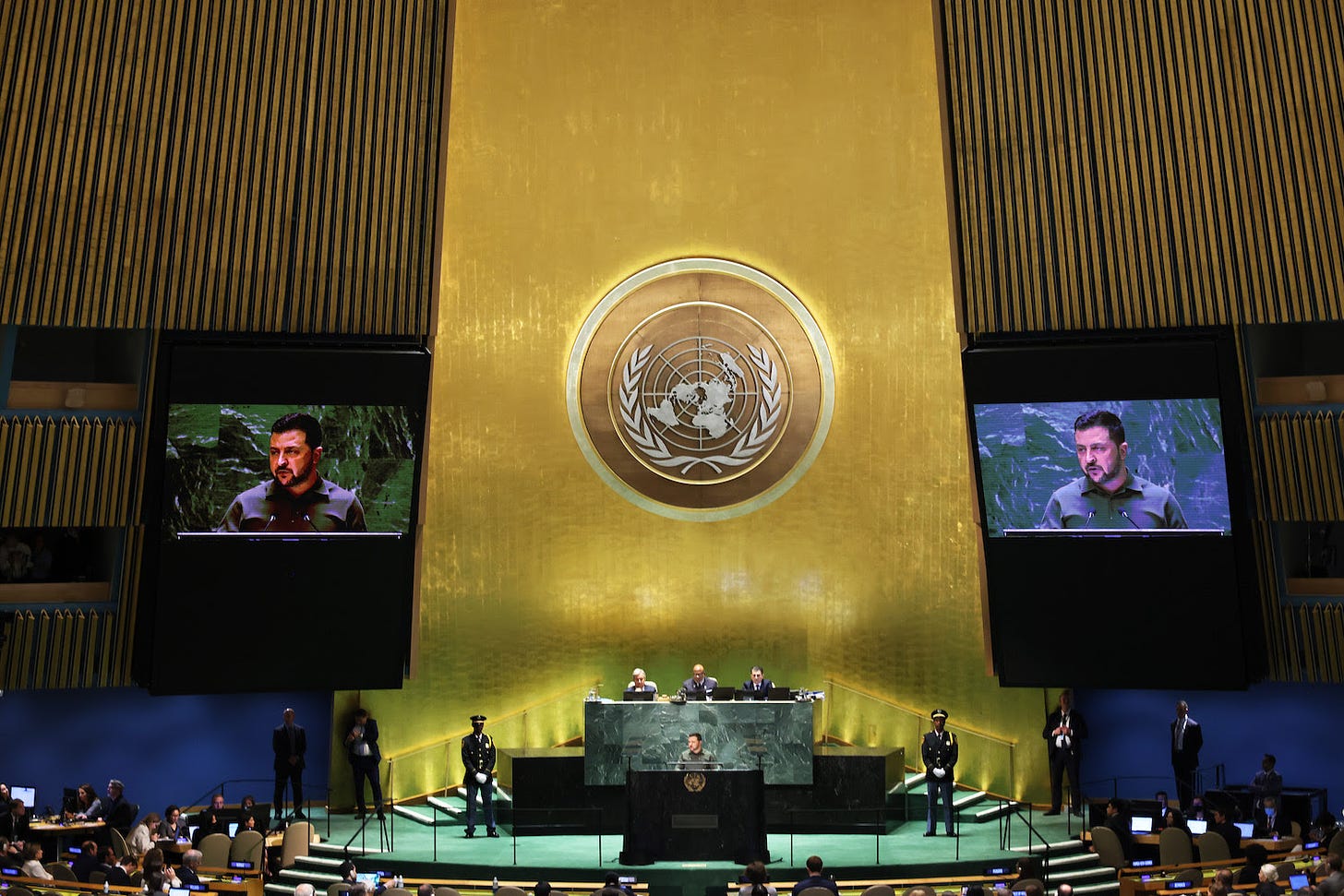 Ukrainian President Volodymyr Zelensky speaks during the United Nations General Assembly.