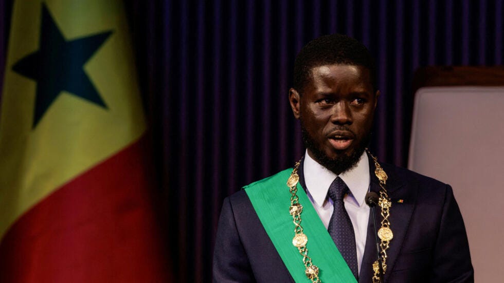 Senegal's newly elected President Bassirou Diomaye Faye addresses the audience after he took the oath of office as president during the inauguration ceremony in Dakar, Senegal April 2, 2024.