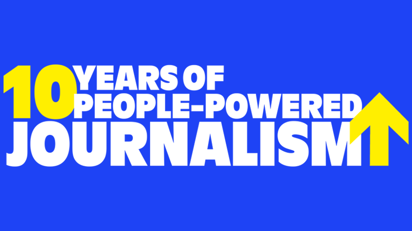 "10 Years of People-Powered Journalism" stylized in white and yellow on a blue background