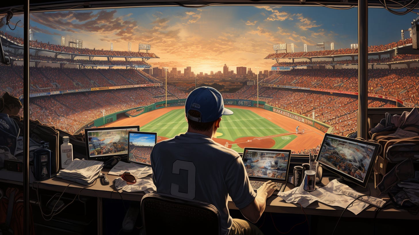 AI Generated image of a man watching a baseball game from a box seat surrounded by computer monitors and crumpled papers.