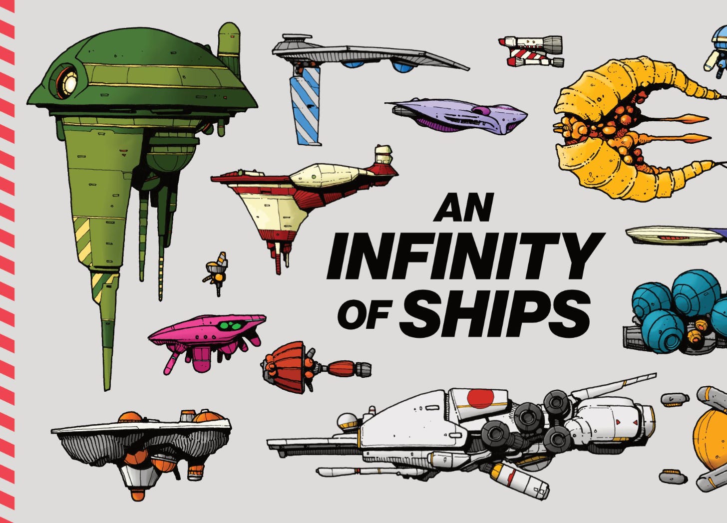 An Infinity of Ships title surrounded by a bunch of colorful spaceship illustrations of various designs.