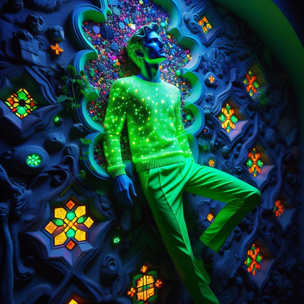 Hyper realistic; tilt shift; male Neon/ glow in blacklight, glow in dark MANNEQUIN STATUE merging Quatrefoil on wall: mannequin is in glow green jumper and vibrant neon cobalt blue one with peridot green Gothic Tracery: chartreus and glowing decorative tiles. man merges into the Hundertwasserhaus, Vienna, Austria:  his body partly embedded in wall. scattered GLITTER.framed by blacklights. glowing Neon tint stars black sky.