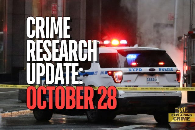 "Crime Research Update: October 28" appears in the foreground. In the background, yellow tape is strung across the image, in front of a police cruiser that sits with its roof lights on.