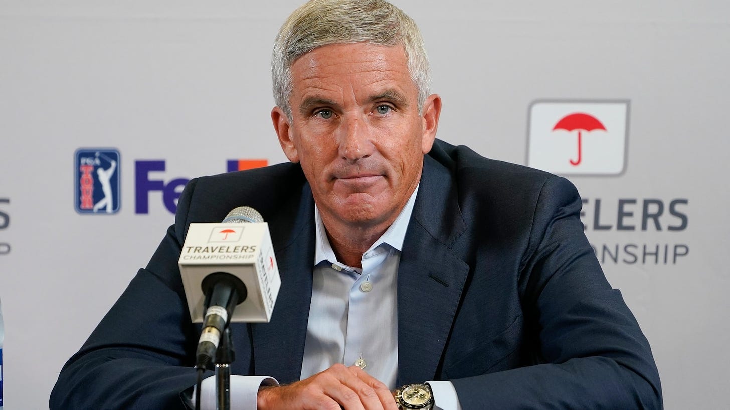 FILE - PGA Tour Commissioner Jay Monahan speaks during a news conference before the Travelers Championship golf tournament at TPC River Highlands, June 22, 2022, in Cromwell, Conn. The PGA Tour is getting a $3 billion investment from Strategic Sports Group in a deal that would give players access to more than $1.5 billion as equity owners in the new PGA Tour Enterprises. The Associated Press obtained a copy of the announcement expected to be released Wednesday morning, Jan. 31, 2024. Monahan was holding a conference call with players about the deal that was finalized Tuesday night. (AP Photo/Seth Wenig, File)