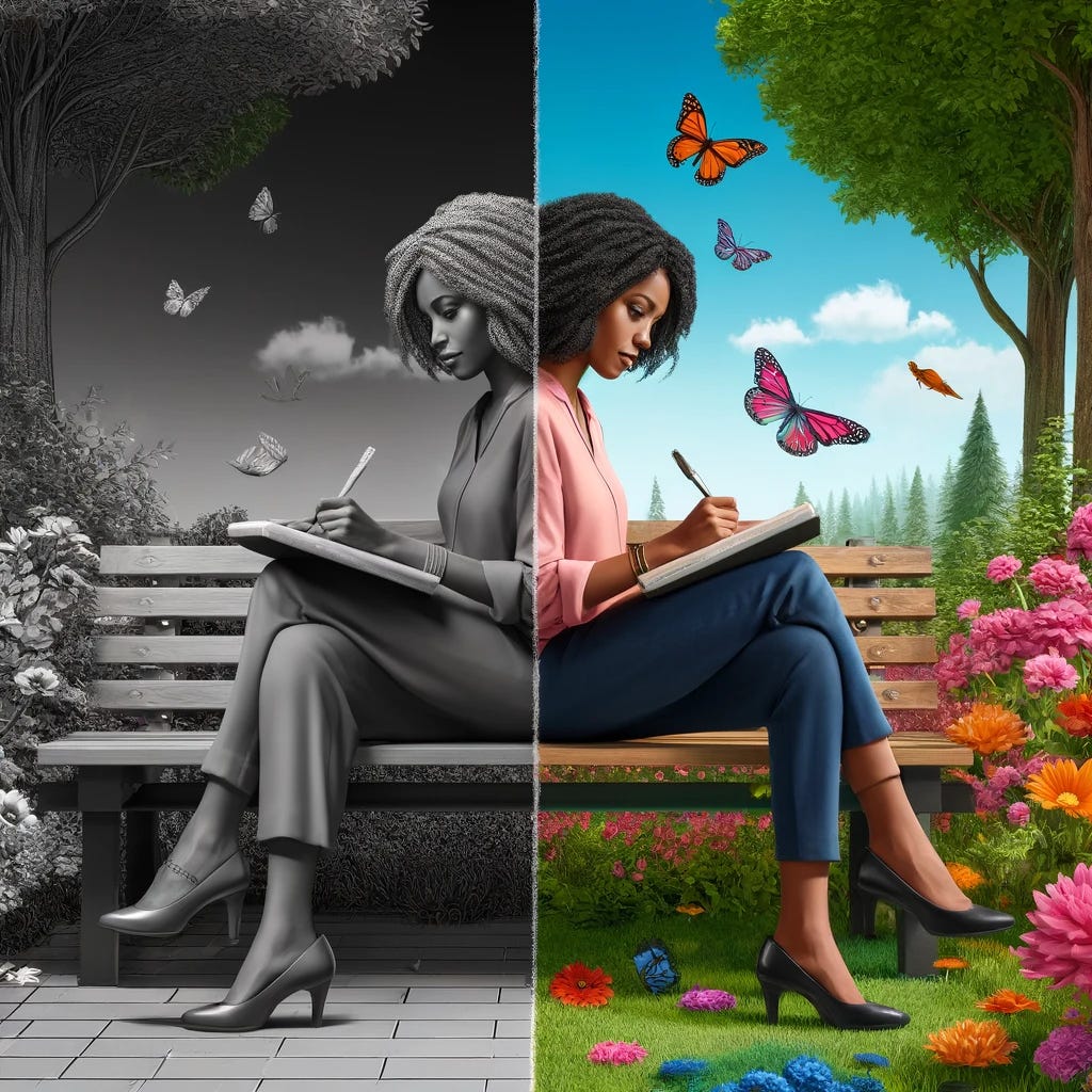 Create a realistic image of an African American woman seated on a park bench, deeply engrossed in writing a letter. The left side of the image is rendered in black and white, symbolizing a mundane and monochromatic world. On the right side, the environment transitions into vibrant full color, symbolizing a lively and dynamic world. This colorful side features a lush park setting with blooming flowers and several realistic butterflies fluttering nearby. The woman is dressed in modern casual wear, her expression focused and thoughtful.