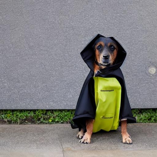 AI generated photorealistic image of dog wearing a raincoat