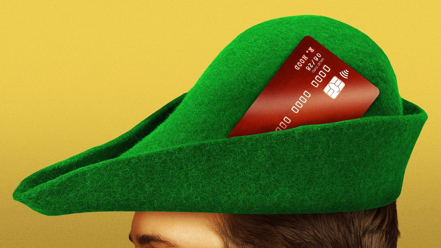 Illustration of Robin Hood with a credit card in his hat instead of a feather. 