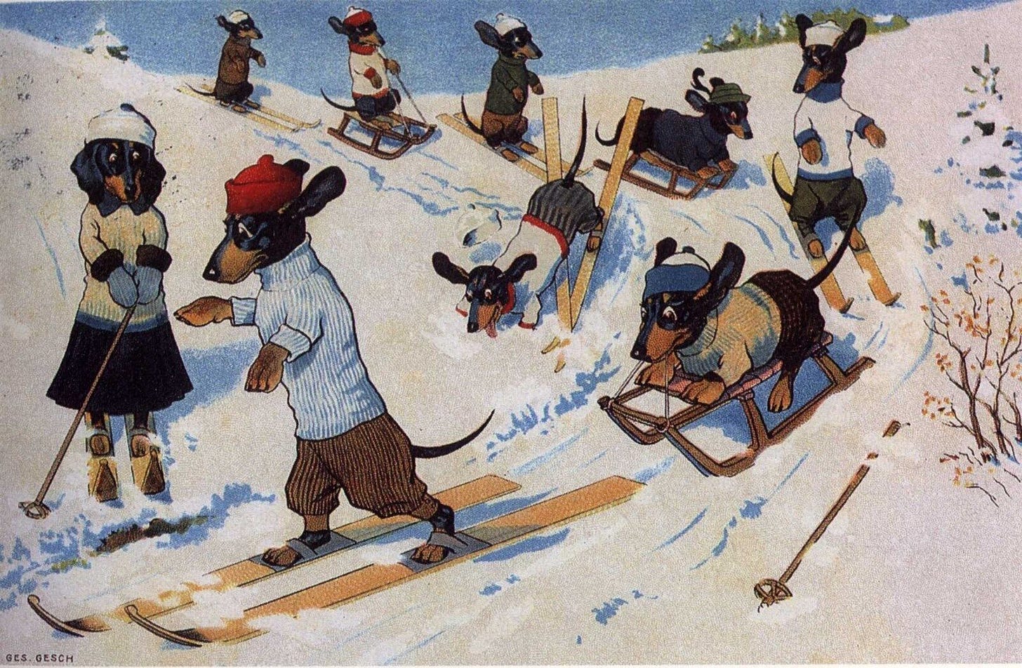 Dachshund Skiing L - CUSTOM MATTED - Dog Art Print - German / NEW - Picture 1 of 1