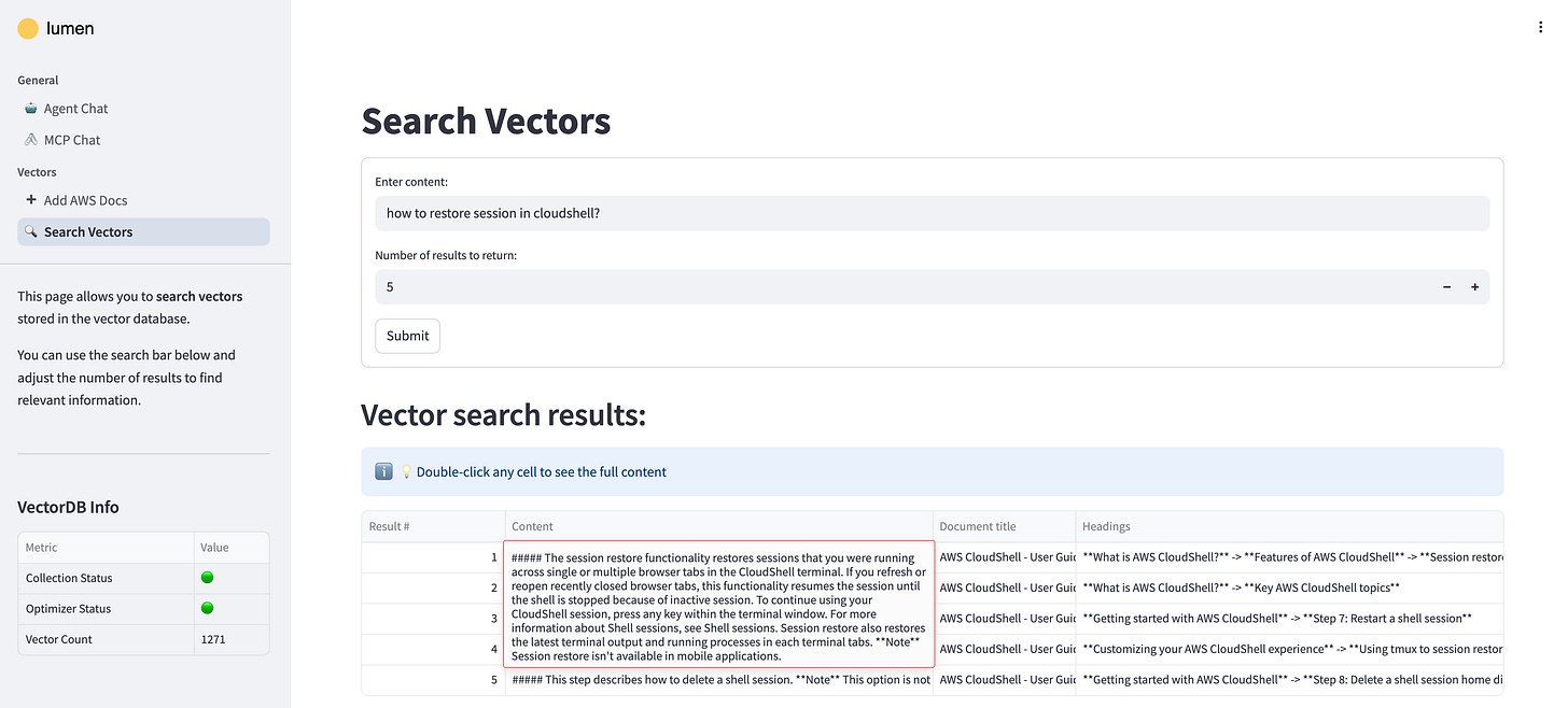 A screenshot showing an example of the Vector Search interface.