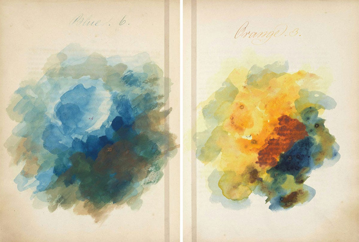 Two pages from an old book with splotches of watercolurs in circular shapes Two pages from an old book with splotches of watercolurs in circular shapes